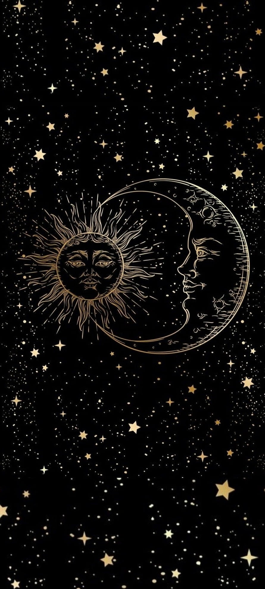 Gold Sun and Moon Line Art on Black Starry Night Background HD phone wallpaper