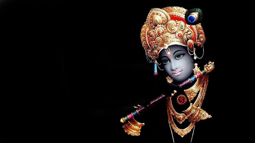 Lord Krishna Portrait with Flute and Ornate Crown on Black Background HD wallpaper