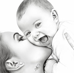 Black and white pencil sketch of a mother kissing her laughing baby HD wallpaper