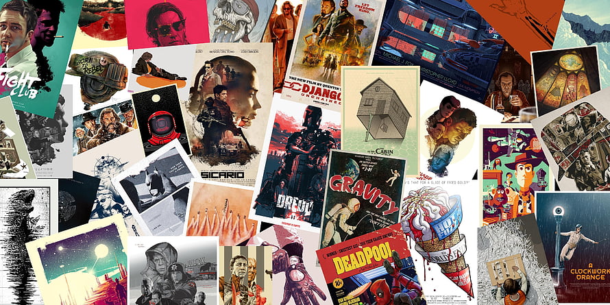 Retro Movie Poster Collage Featuring Sci-Fi, Horror, and Action Classics HD wallpaper