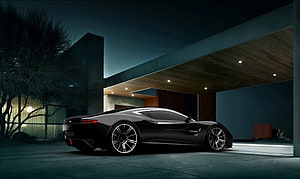 Black Aston Martin One-77 Supercar Parked at Modern Luxury Residence at Night HD wallpaper