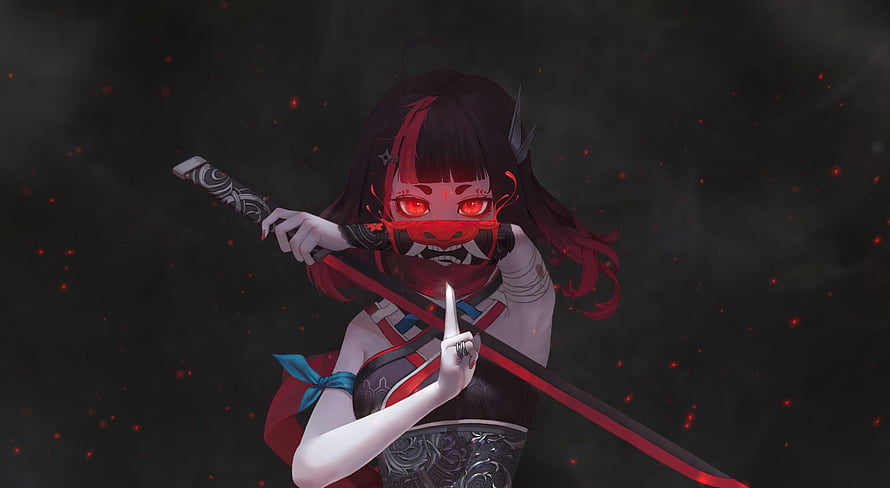 Anime girl with red oni mask and katana in dark smoky atmosphere HD wallpaper