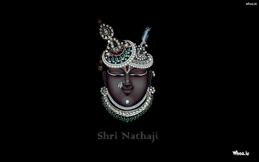 Shrinathji Devotional Portrait with Ornate Crown and Jewelry on Black Background HD wallpaper
