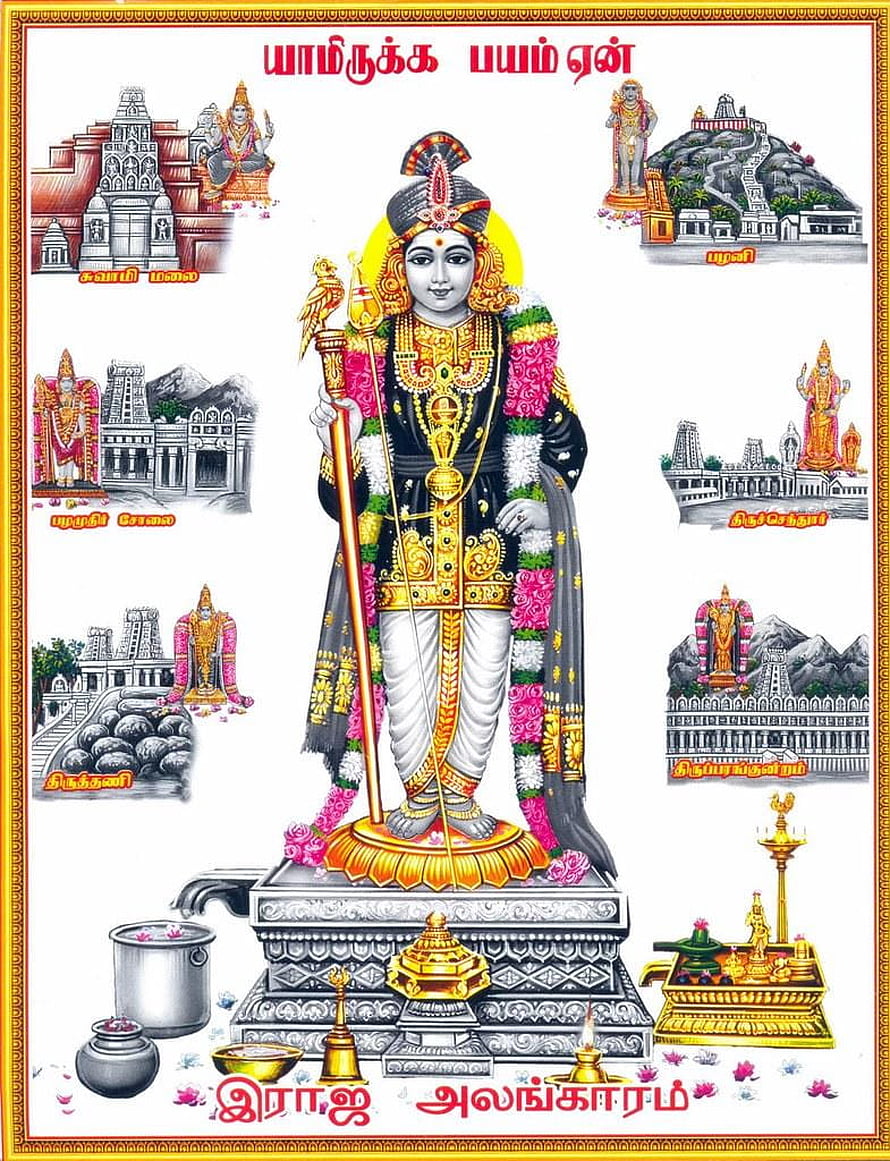 Palani Murugan Hindu Deity Illustration with Temple Scenes and Traditional Offerings HD phone wallpaper