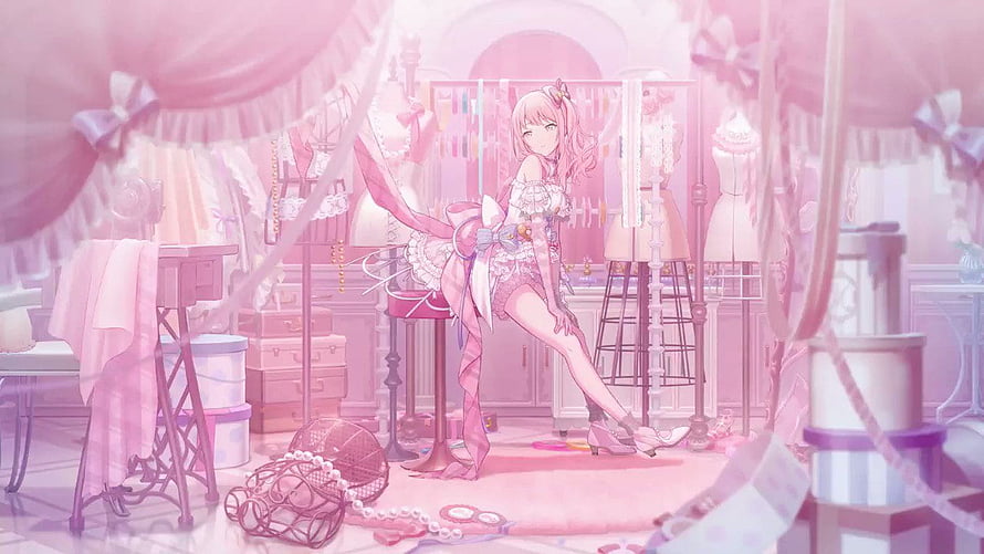 Pink Anime Girl in Frilly Dress Inside a Dreamy Pink Sewing Room Wallpaper HD wallpaper