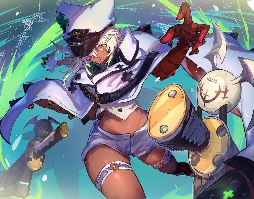 Ramlethal Valentine from Guilty Gear in dynamic action pose with white outfit and green energy effects HD wallpaper
