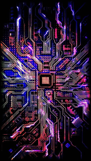 Neon Cyberpunk Circuit Board with Glowing Traces and Central Processor Chip HD phone wallpaper