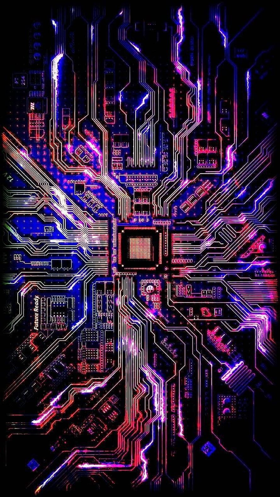 Neon Cyberpunk Circuit Board with Glowing Traces and Central Processor Chip HD phone wallpaper