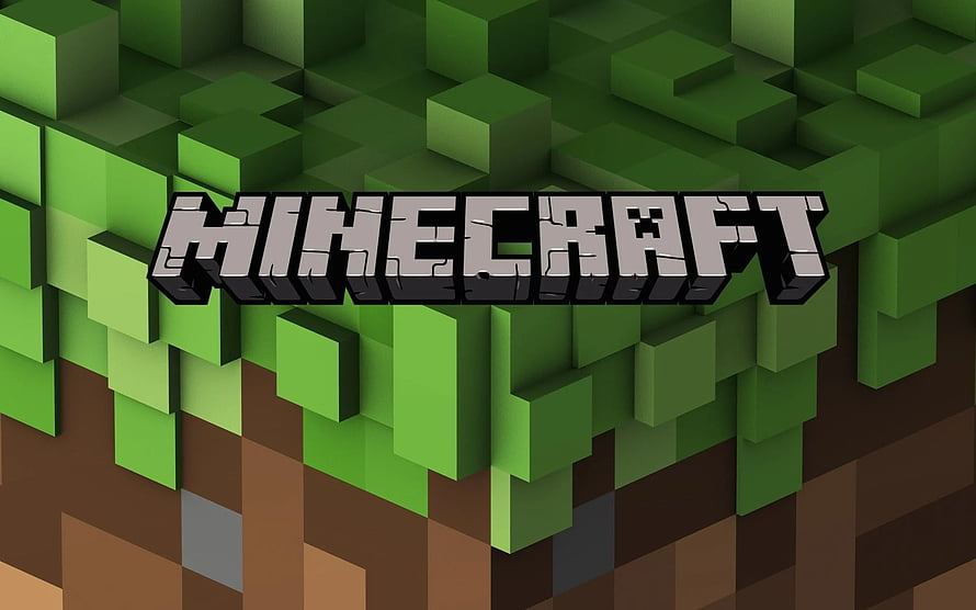 Minecraft Logo on Isometric Grass and Dirt Block Terrain HD wallpaper