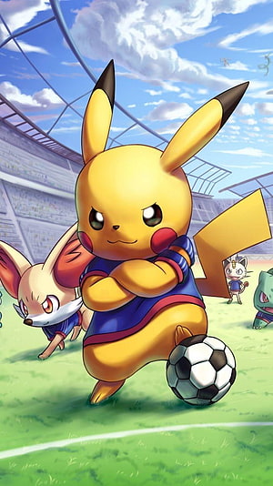 Pikachu and Eevee Playing Soccer in a Stadium HD phone wallpaper