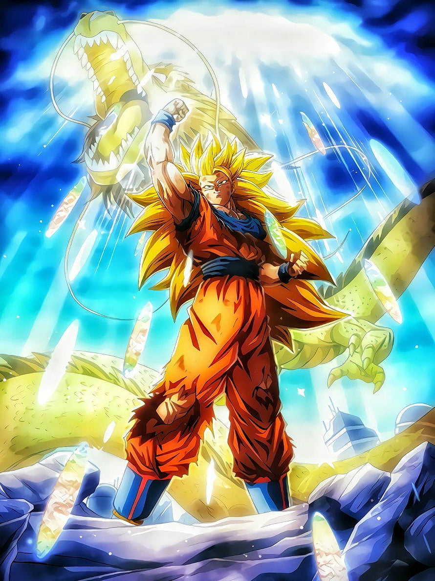 Super Saiyan 3 Goku with Dragon Fist and Shenron in Dragon Ball Anime Art HD phone wallpaper
