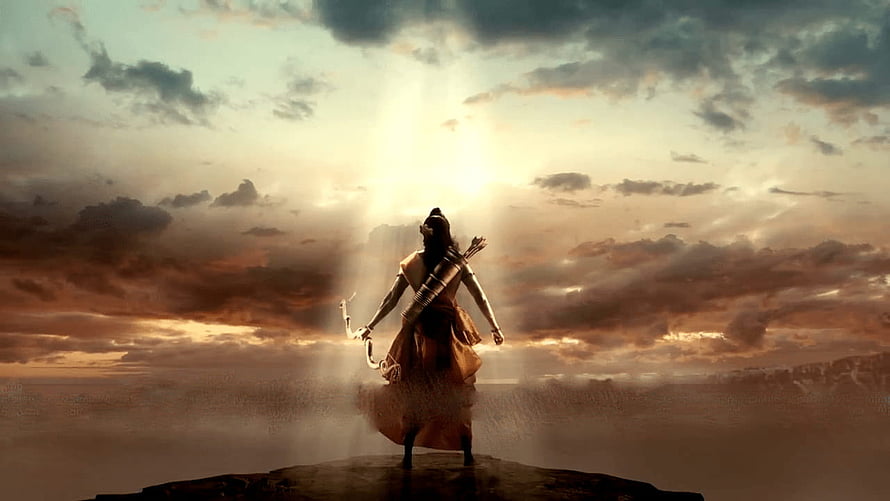 Archer warrior standing on cliff edge facing dramatic sunset sky with bow and arrows HD wallpaper