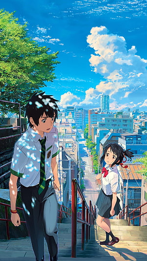 Anime high school students on city stairs under blue sky HD phone wallpaper