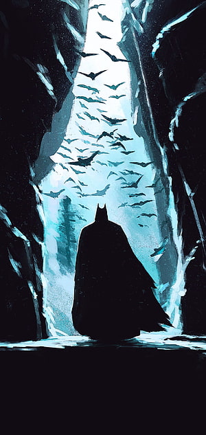 Batman Silhouette in Dark Cave with Flock of Bats Flying Through Pale Blue Light, Batman cave black amoled, #batman cave HD phone wallpaper