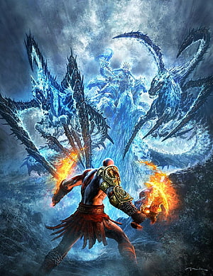 Kratos wielding Blades of Chaos against a massive ice dragon and frozen warrior in epic fantasy battle HD phone wallpaper