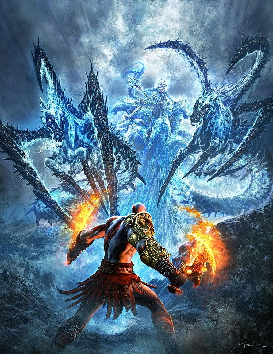 Kratos wielding Blades of Chaos against a massive ice dragon and frozen warrior in epic fantasy battle HD phone wallpaper