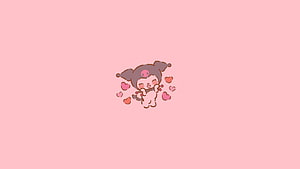 Cute Kuromi Character Hugging a Bunny with Floating Hearts on a Soft Pink Background HD wallpaper