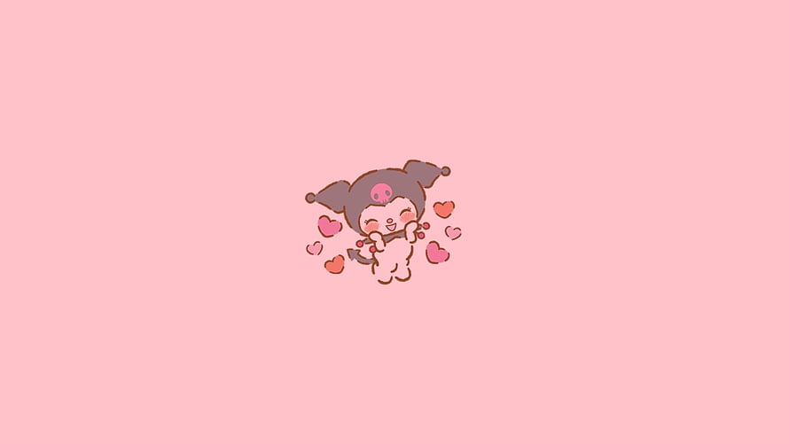Cute Kuromi Character Hugging a Bunny with Floating Hearts on a Soft Pink Background HD wallpaper
