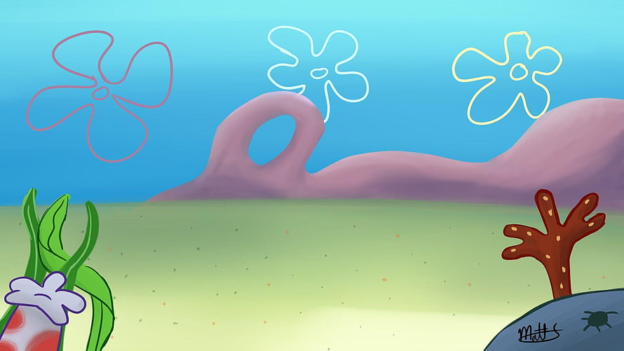SpongeBob SquarePants Bikini Bottom Underwater Background with Pink Hills and Clouds HD wallpaper