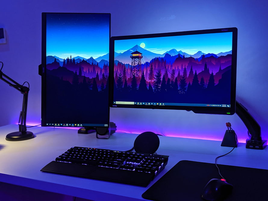 Dual Monitor Gaming Setup with Vertical Screen and RGB Backlighting HD wallpaper