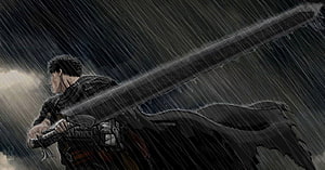 Berserk Guts Wielding Dragon Slayer Sword in Heavy Rain HD wallpaper