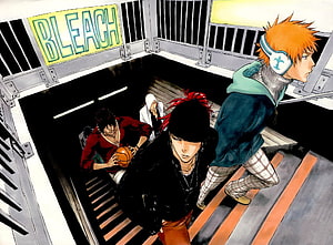 Bleach manga illustration of Ichigo Kurosaki and friends descending a staircase HD wallpaper