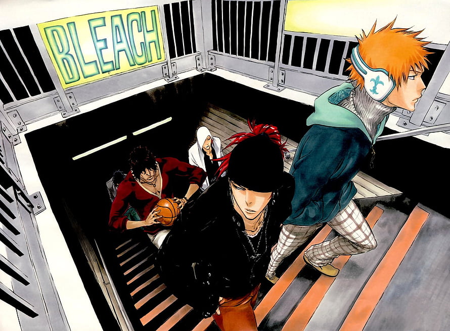 Bleach manga illustration of Ichigo Kurosaki and friends descending a staircase HD wallpaper
