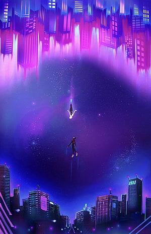 Two figures floating in a surreal purple cyberpunk cityscape with neon lights and starry sky HD phone wallpaper