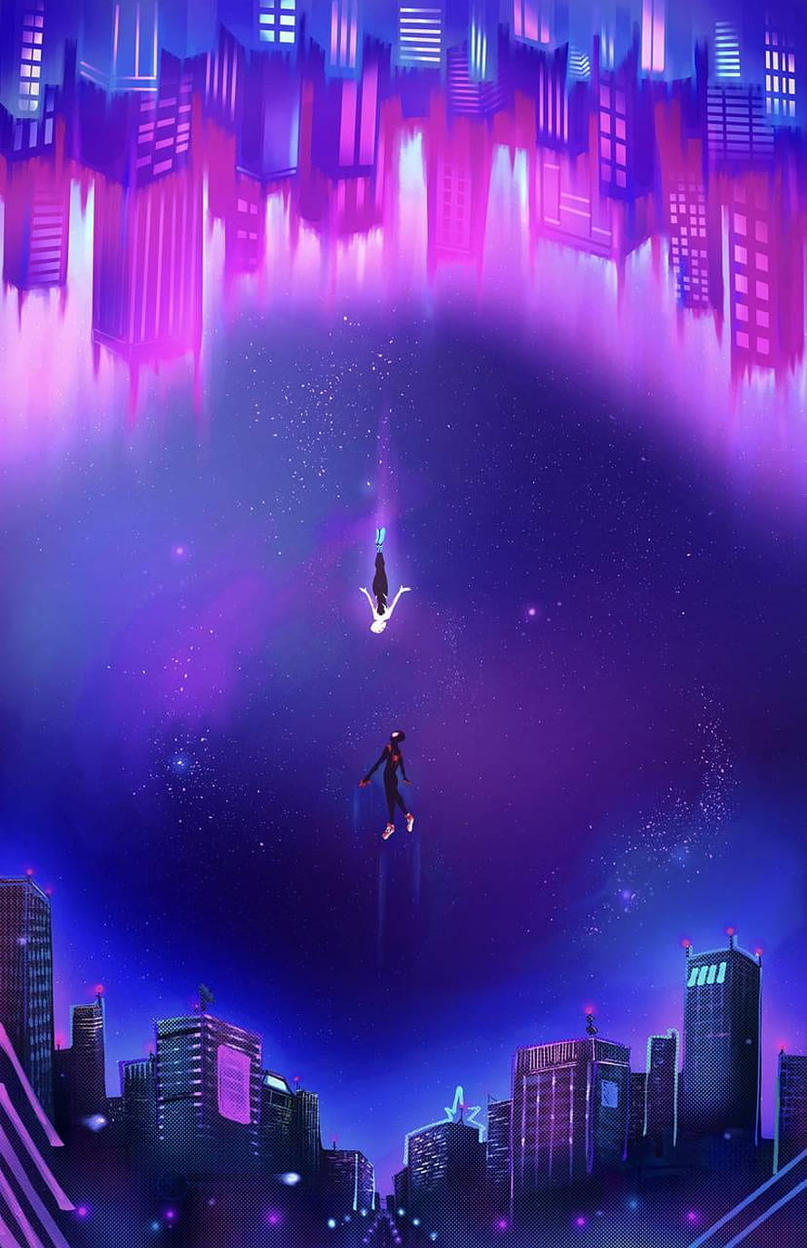 Two figures floating in a surreal purple cyberpunk cityscape with neon lights and starry sky HD phone wallpaper