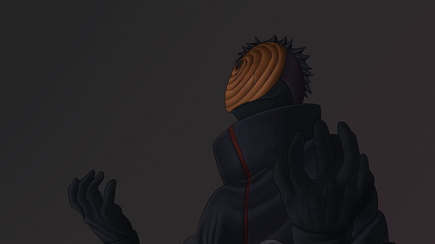 Obito Uchiha in Akatsuki Cloak with Spiral Mask in Dark Atmosphere HD wallpaper