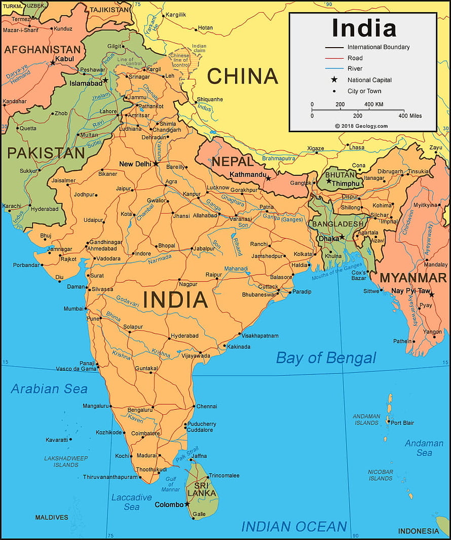 Detailed Political Map of India Showing Major Cities, Rivers, and Neighboring Countries HD phone wallpaper