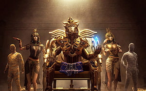 Ancient Egyptian Pharaoh King Sitting on Throne with Mummies and Priestesses HD wallpaper