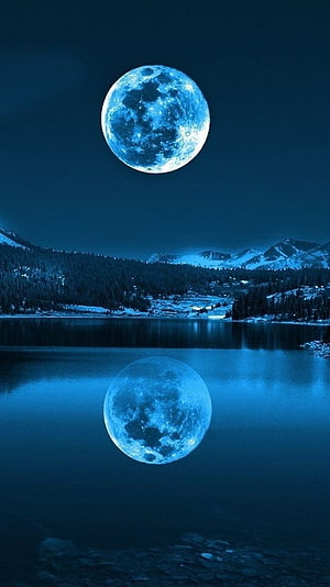 Mystical Blue Moon Reflected in Serene Mountain Lake at Night HD phone wallpaper