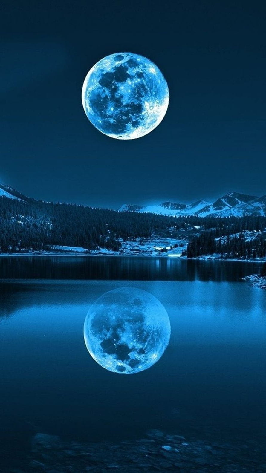 Mystical Blue Moon Reflected in Serene Mountain Lake at Night HD phone wallpaper