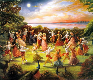 Krishna Dancing With Gopis In Vrindavan Under A Sunset Sky HD wallpaper