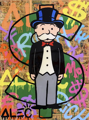 Alec Monopoly Street Art of Monopoly Man in Top Hat and Tuxedo, Alec Monopoly, monopoly man logo HD phone wallpaper