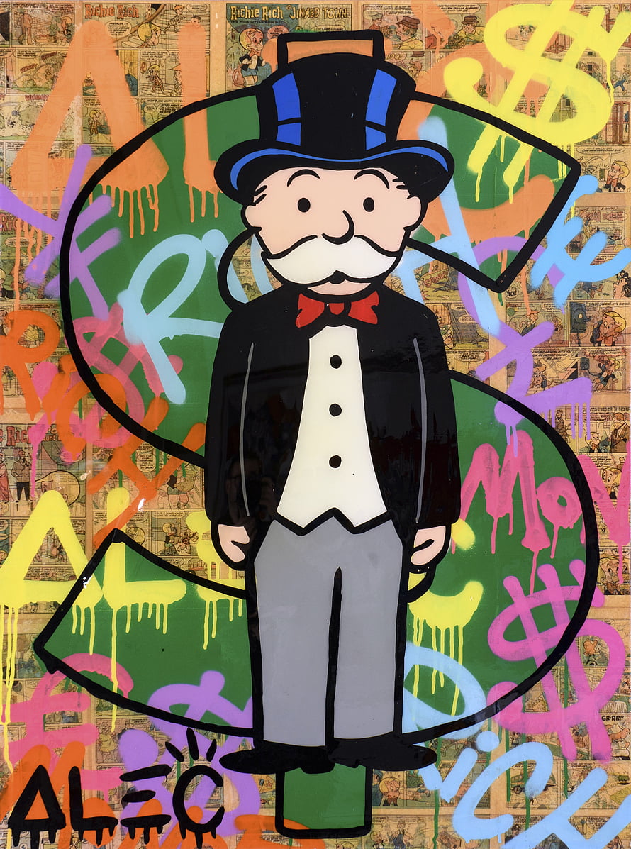 Alec Monopoly Street Art of Monopoly Man in Top Hat and Tuxedo, Alec Monopoly, monopoly man logo HD phone wallpaper