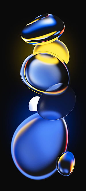Abstract 3D Render of Glossy Blue and Yellow Spheres Floating in Dark Space HD phone wallpaper