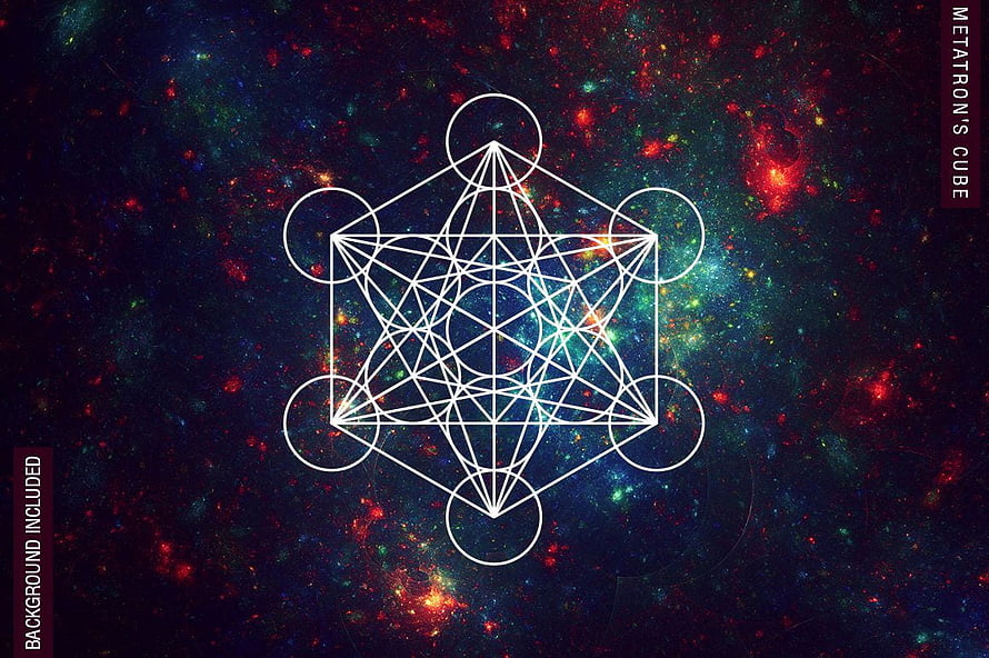 Metatron's Cube Sacred Geometry Overlay on Vibrant Cosmic Nebula Background HD wallpaper