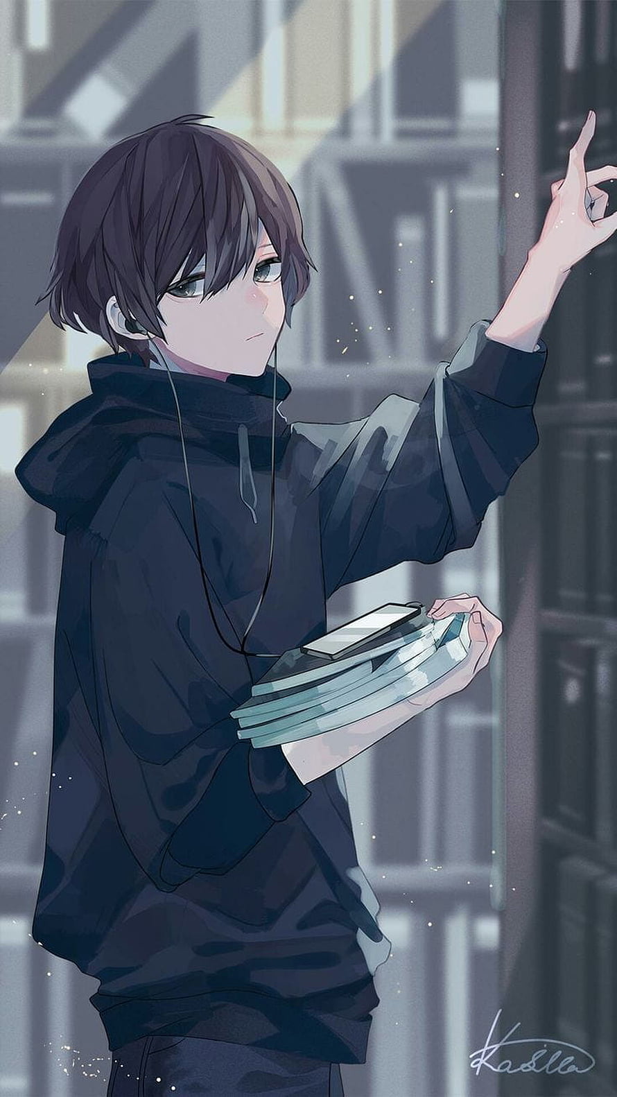 Anime Boy In Black Hoodie Holding Books And Smartphone In Library HD phone wallpaper