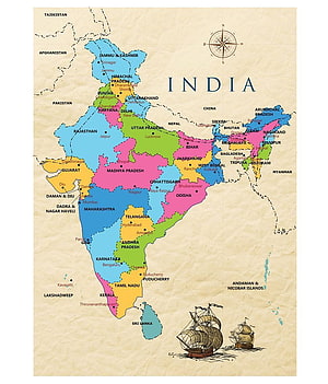 Vintage Style Political Map of India with States, Capitals, and Decorative Ships HD phone wallpaper
