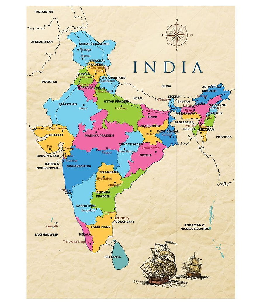 Vintage Style Political Map of India with States, Capitals, and Decorative Ships HD phone wallpaper