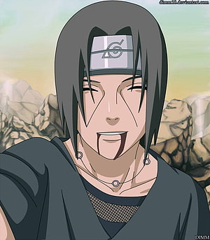 Itachi Uchiha Smiling Portrait with Konoha Headband and Rock Background HD phone wallpaper