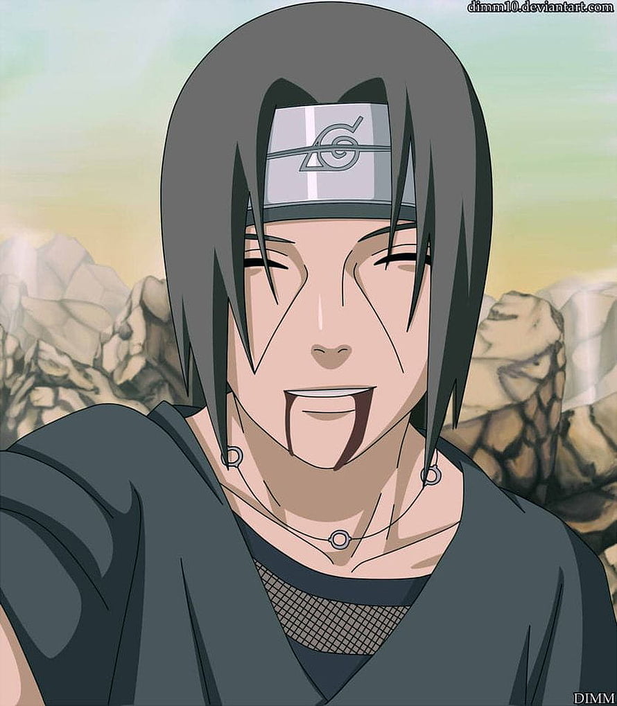 Itachi Uchiha Smiling Portrait with Konoha Headband and Rock Background HD phone wallpaper