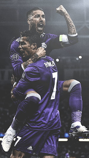Cristiano Ronaldo and Sergio Ramos Celebrating in Real Madrid Purple Kits HD phone wallpaper