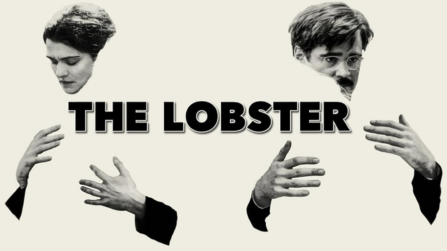 The Lobster Movie Poster Featuring Black and White Portraits of Two Characters with Reaching Hands HD wallpaper