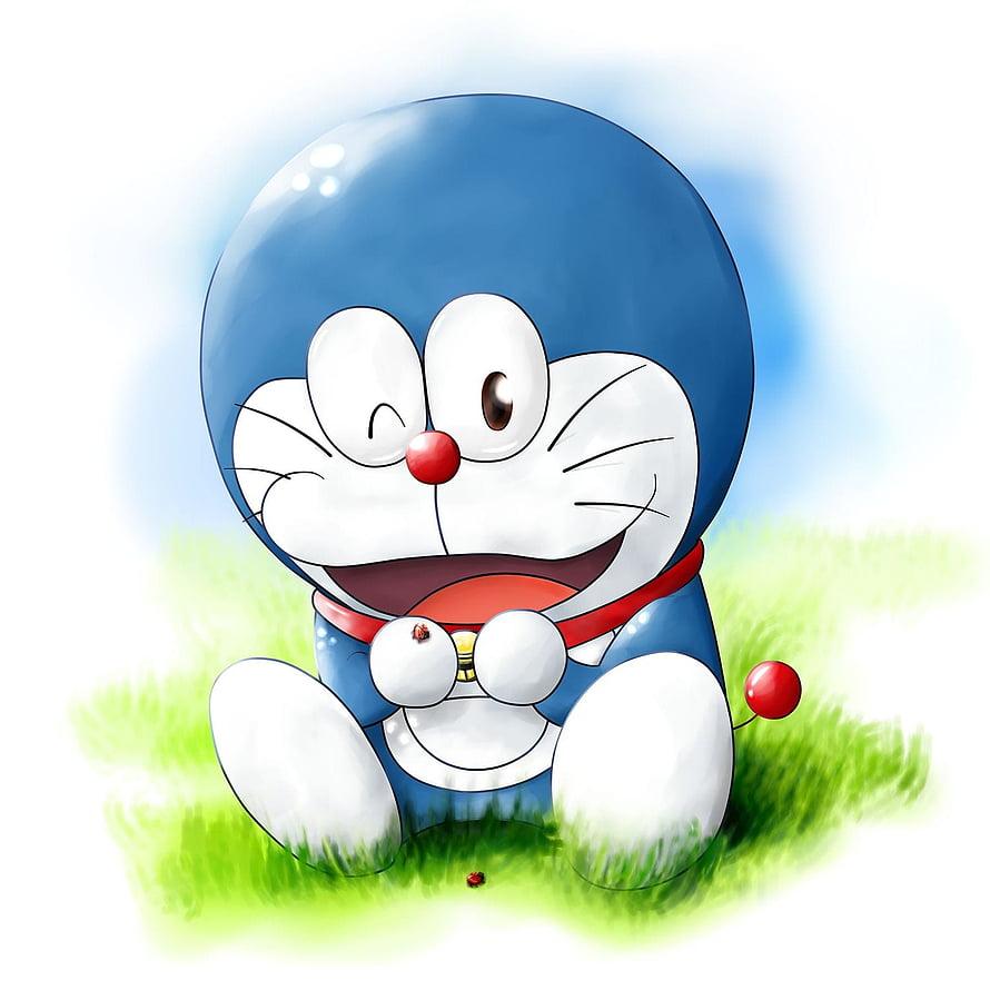 Doraemon Winking and Sitting on Green Grass in a Cute Anime Illustration HD phone wallpaper