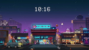 Pixel Art Night City Street Scene with Neon Signs and Game of Life Shop HD wallpaper