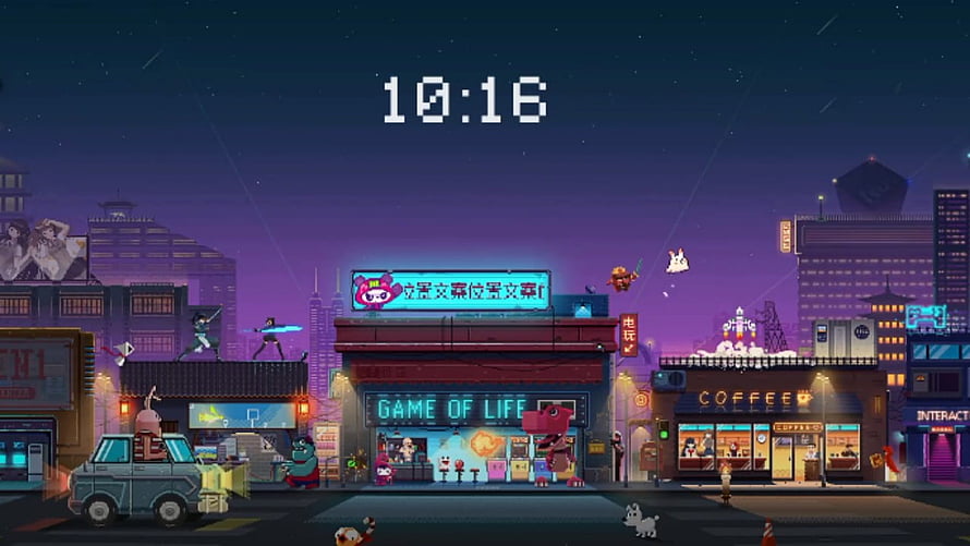 Pixel Art Night City Street Scene with Neon Signs and Game of Life Shop HD wallpaper