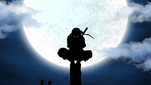 Silhouette of a Ninja Sitting on a Post Against a Giant Full Moon HD wallpaper